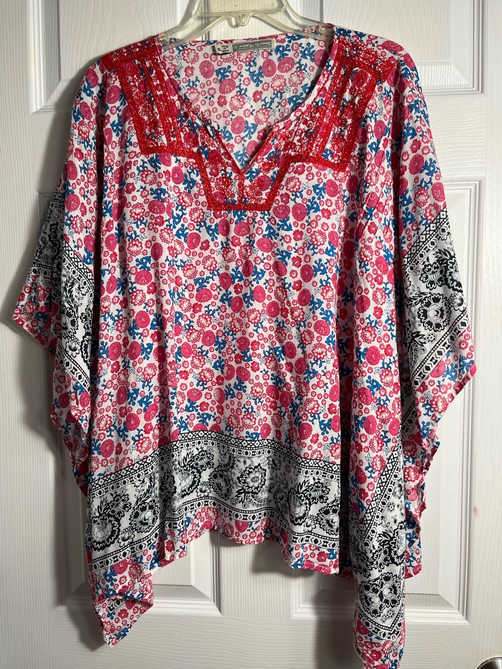 Behind The Seams Boho Floral V-Neck Tunic Top - Pink & Blue XL